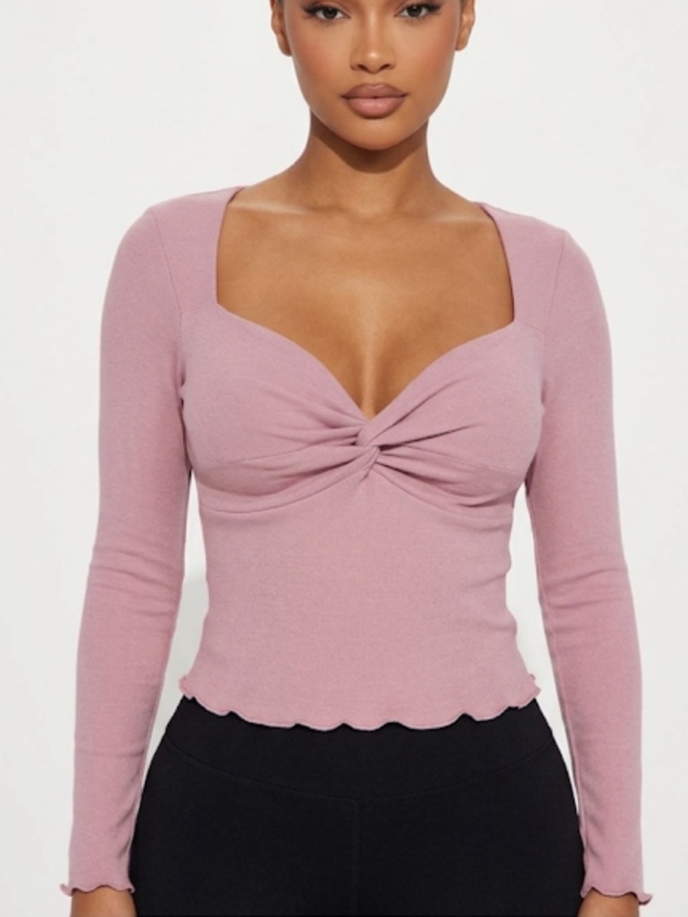 Y2K Coquette Twist Front Ribbed Long Sleeve Sweetheart Neckline Baby Pink XS